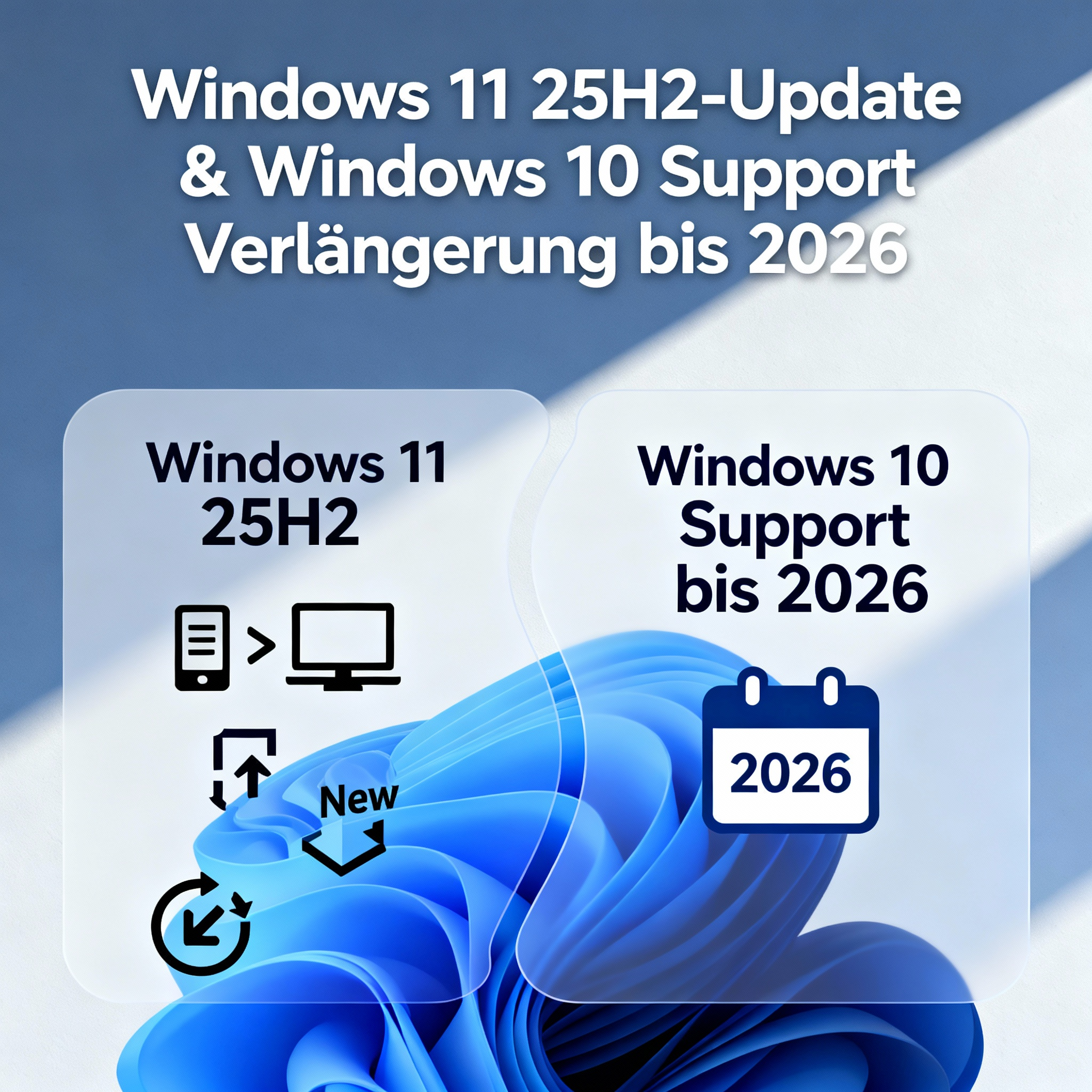 Grafische Darstellung, die das Windows 11 25H2 Update und die Windows 10 Support-Verlängerung 2026 symbolisiert.