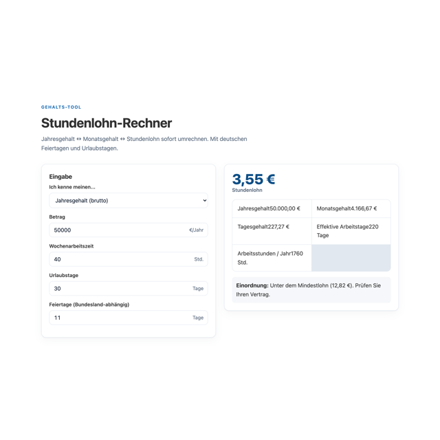 Stundenlohn-Rechner – Screenshot