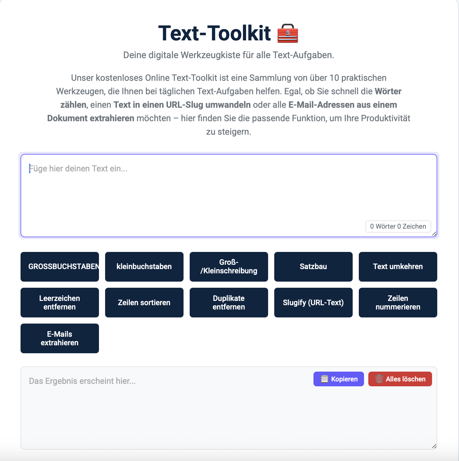 Screenshot des Online Text-Toolkits